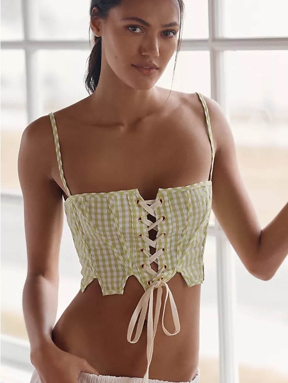 Anthropologie Lyrebird Lime Green Bustier Lace-Up Top Size S